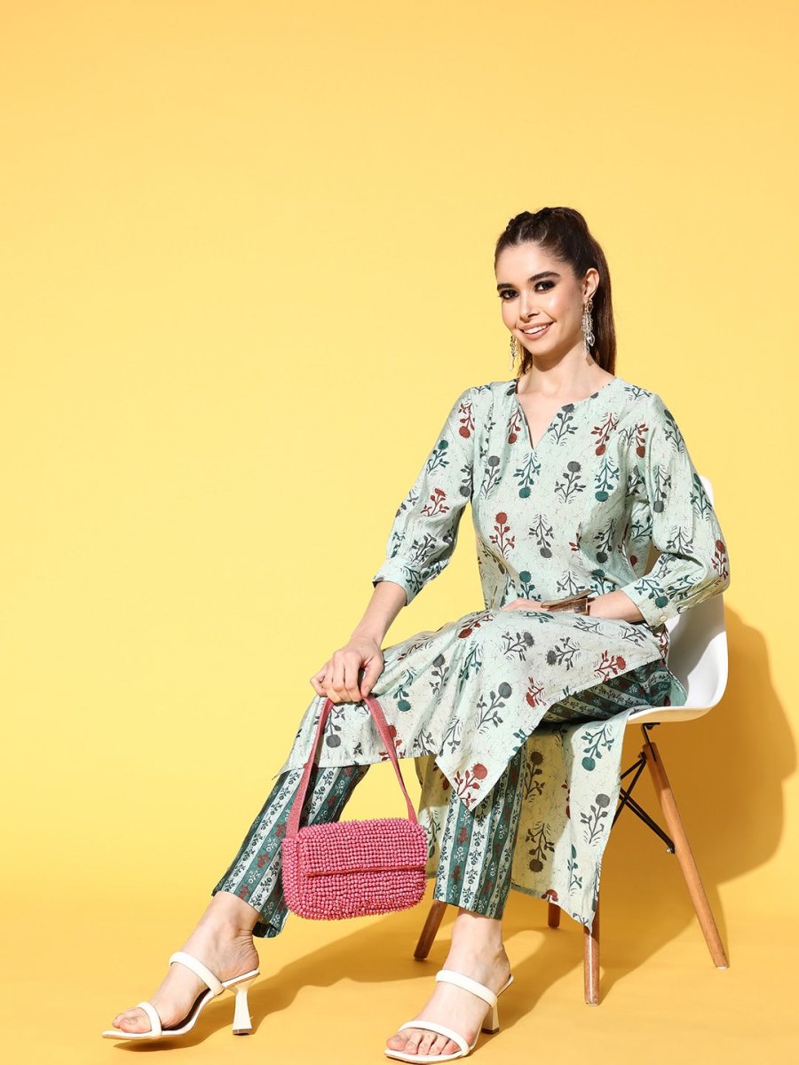All About You Women Calm Green Ethnic Motifs Print Parade Kurta with Trousers