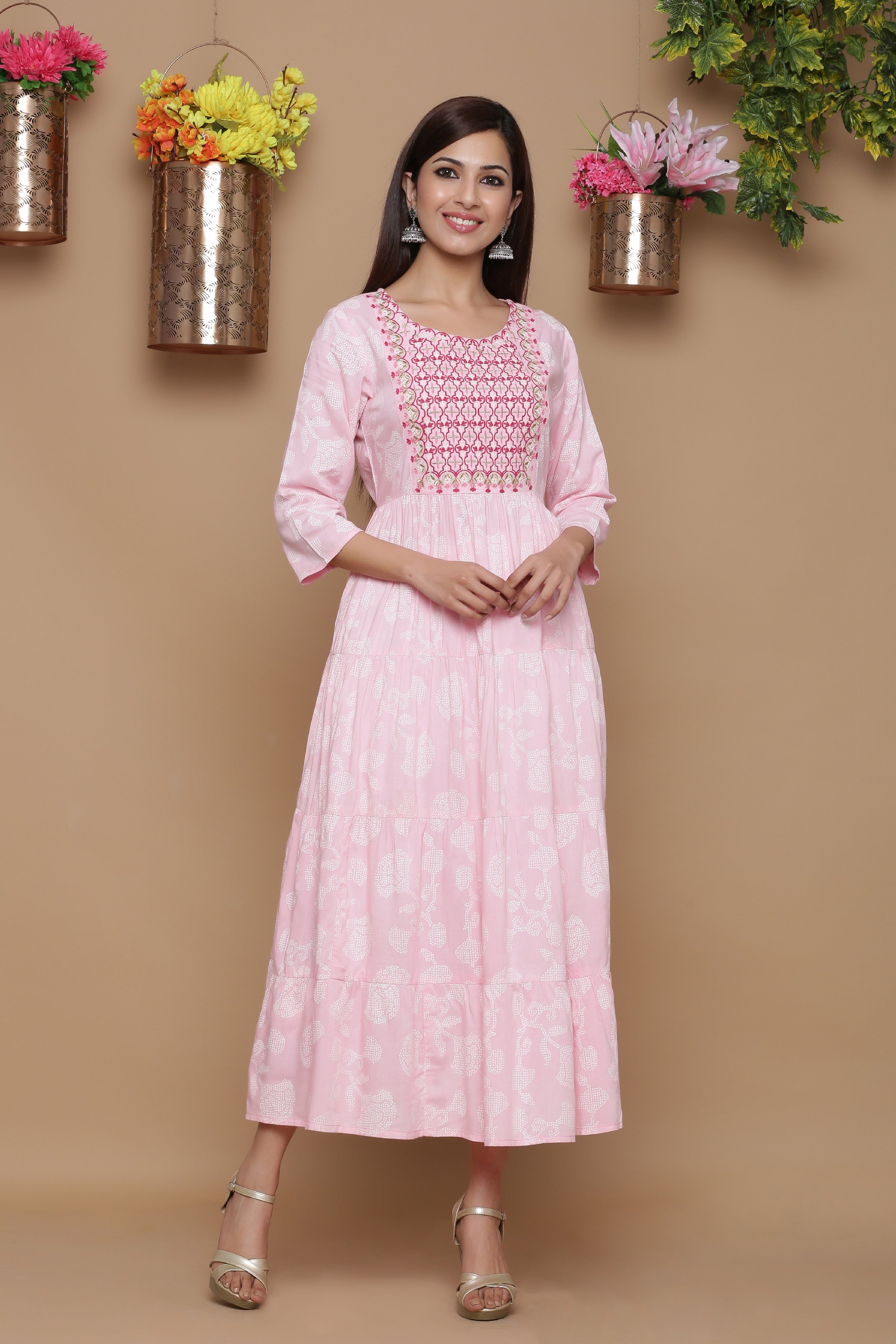 Juniper Baby Pink Ethnic Motif Printed Rayon Tiered Maxi Dress With Mirror Work Embroidery