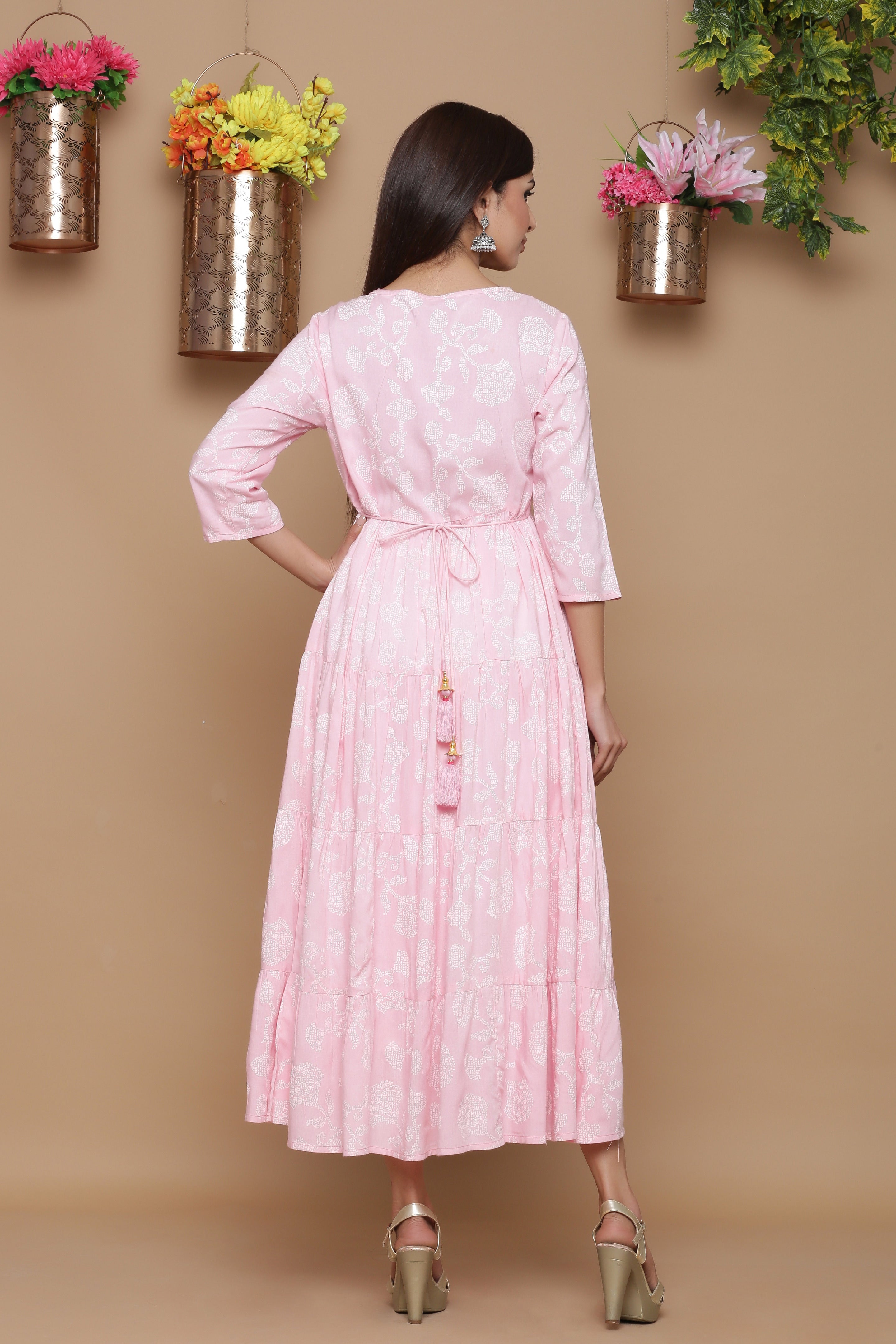 Juniper Baby Pink Ethnic Motif Printed Rayon Tiered Maxi Dress With Mirror Work Embroidery