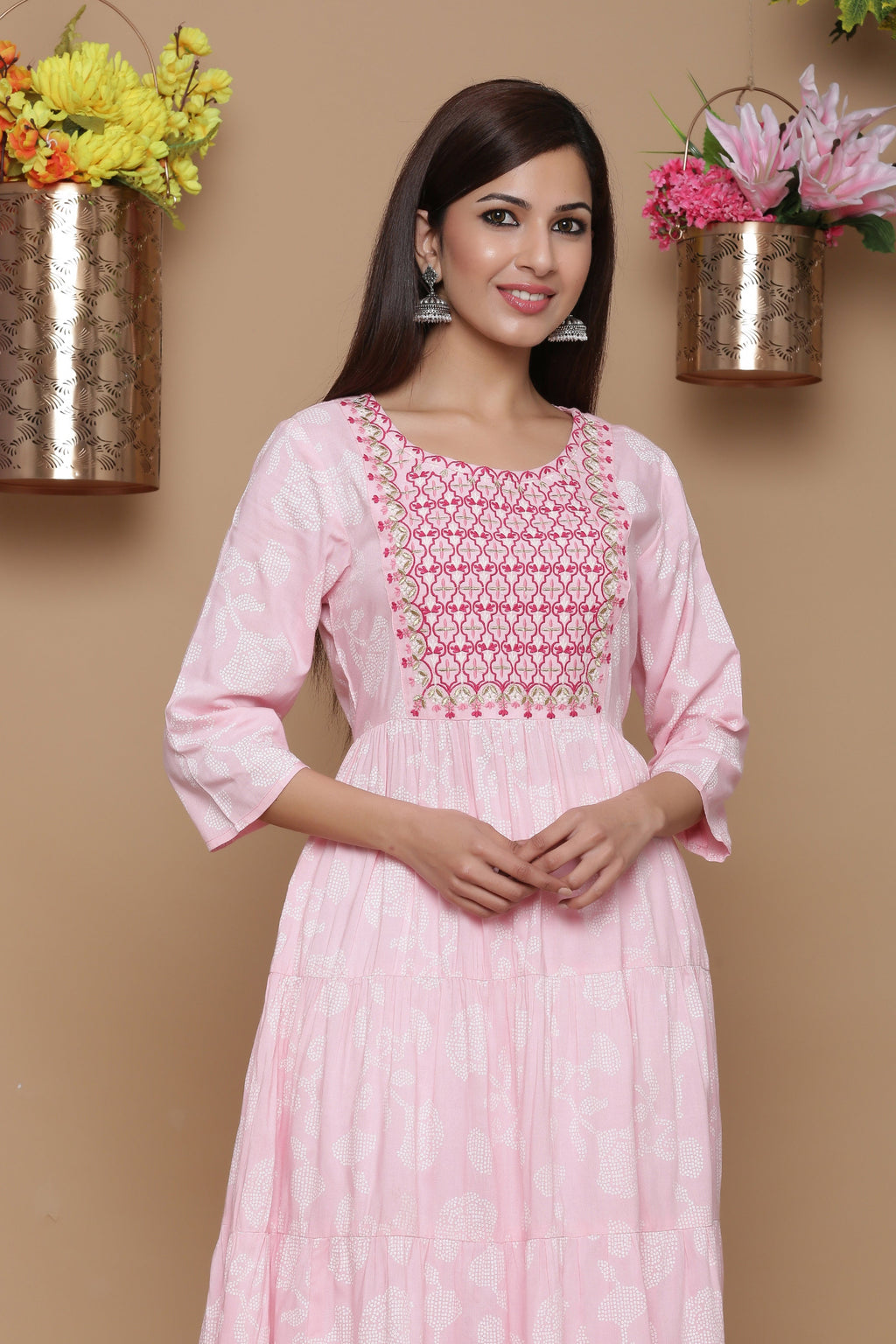 Juniper Baby Pink Ethnic Motif Printed Rayon Tiered Maxi Dress With Mirror Work Embroidery