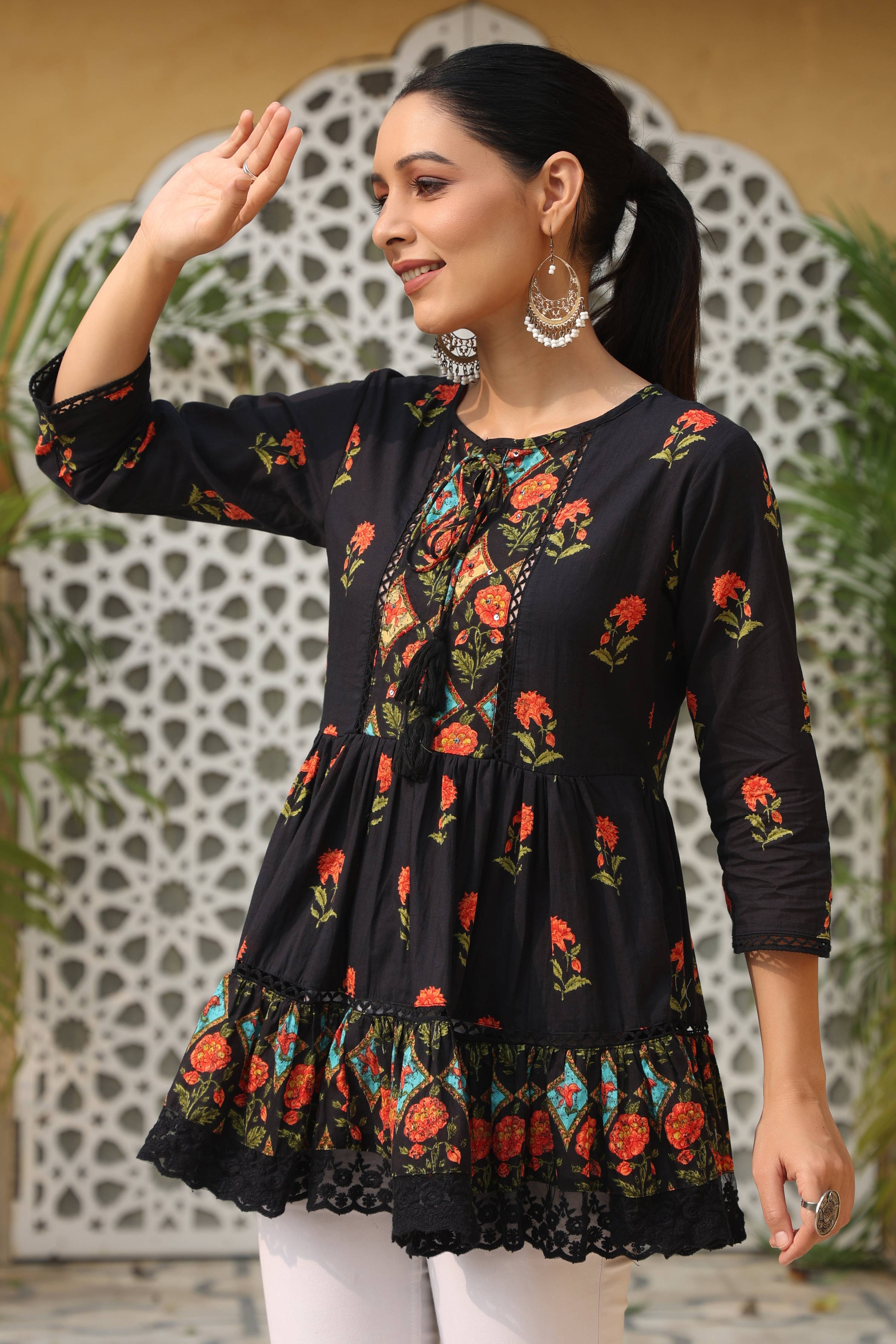 Juniper Black Floral Printed Peplum Pure Cotton Tunic With Lace