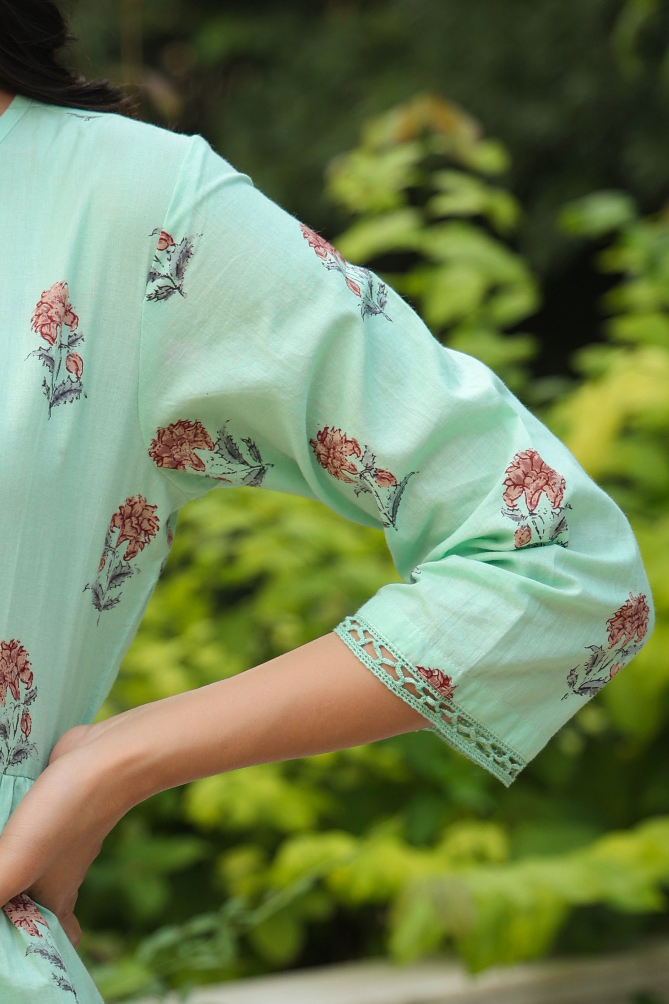 Juniper Pista Green Floral Printed Pure Cotton Peplum Tunic With Lace