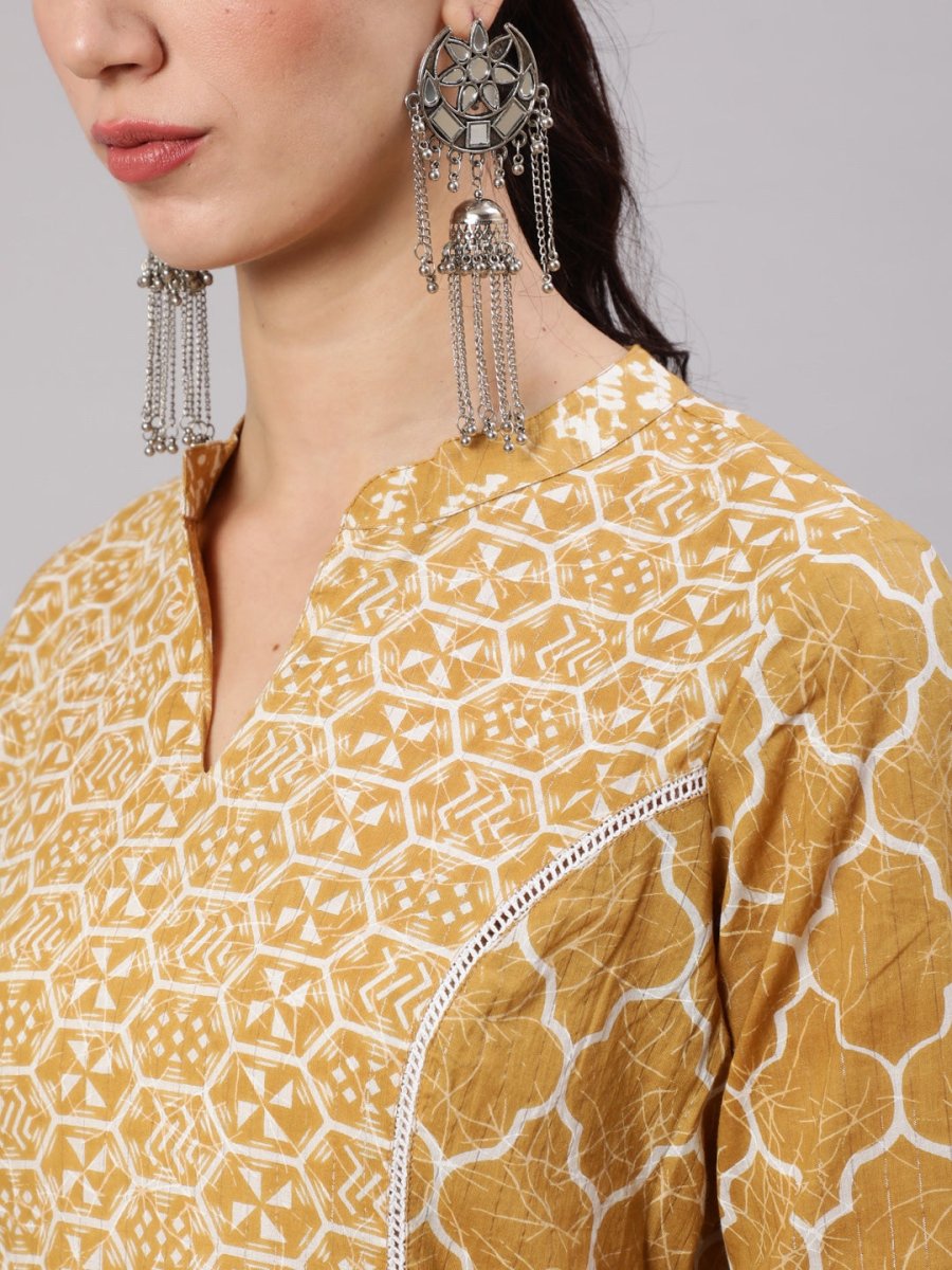 Aks Geometric Printed Mandarin Collar Cotton A-Line Kurta