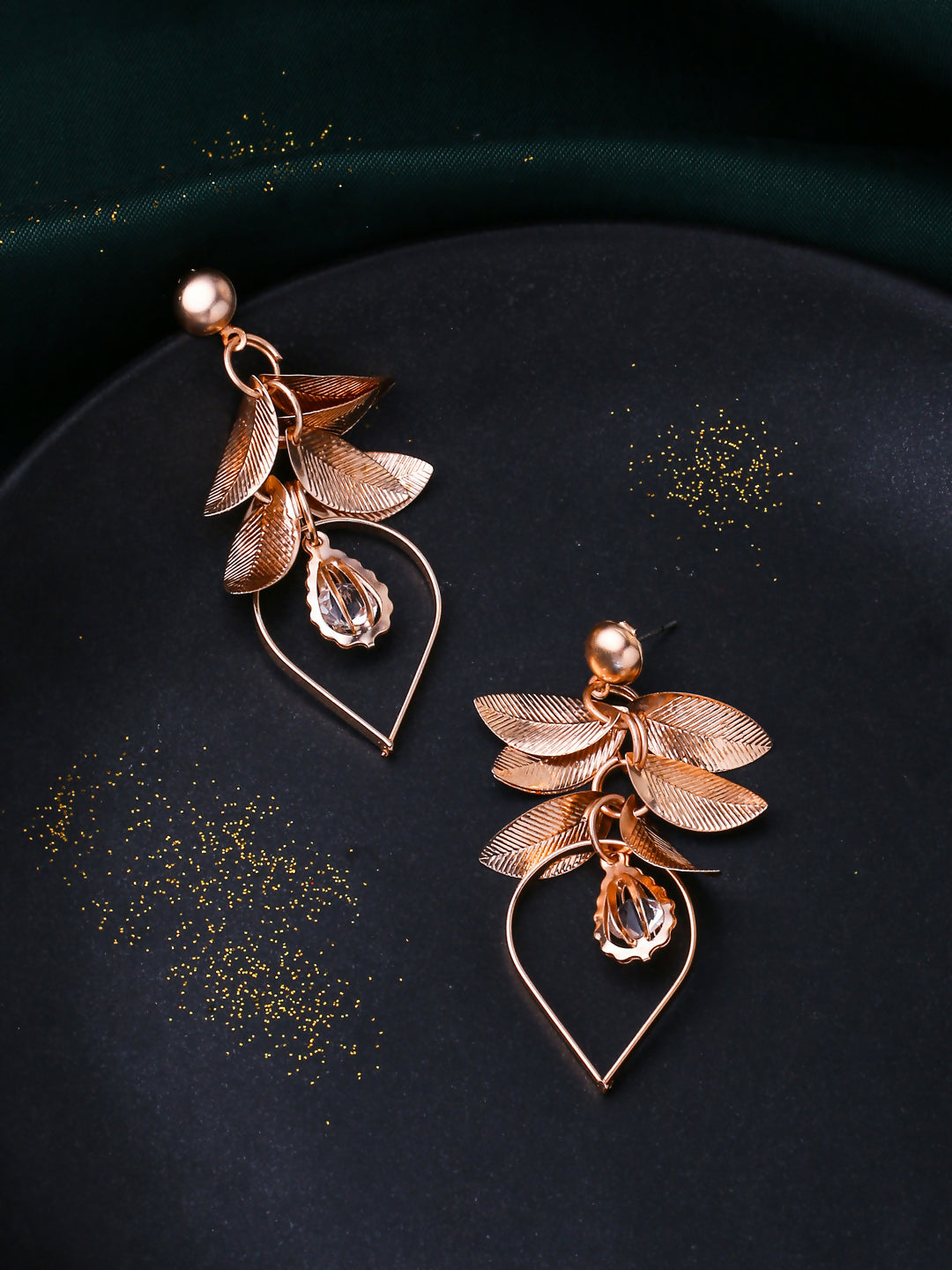 NVR Women Rose Gold Leaf Shaped Drop Earrings