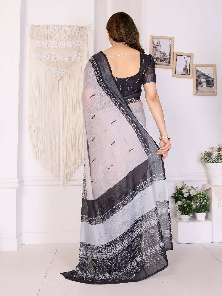 PR Fashion Black Handloom Linen Cotton Zari Saree