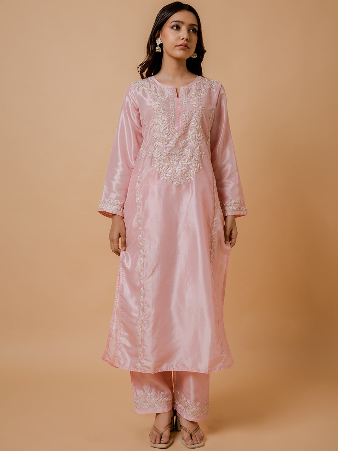 HOUSE OF KARI Floral Embroidered Silk Chikankari Kurta