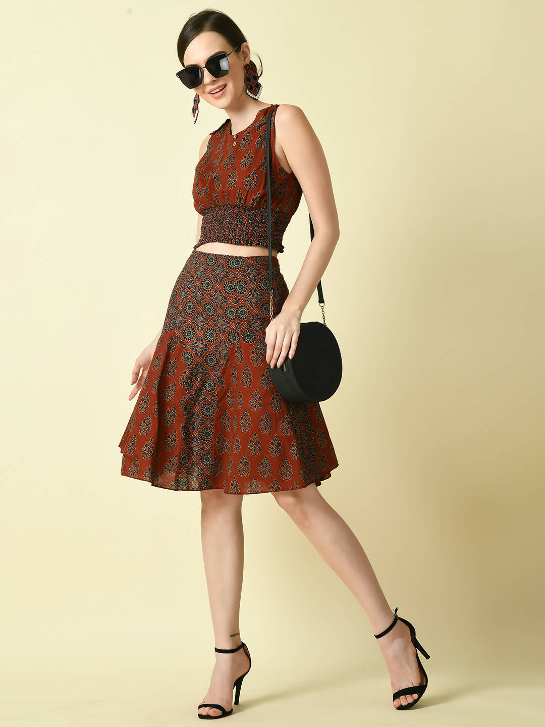 Myshka Women's Rust Ethnic Motifs Printed Top