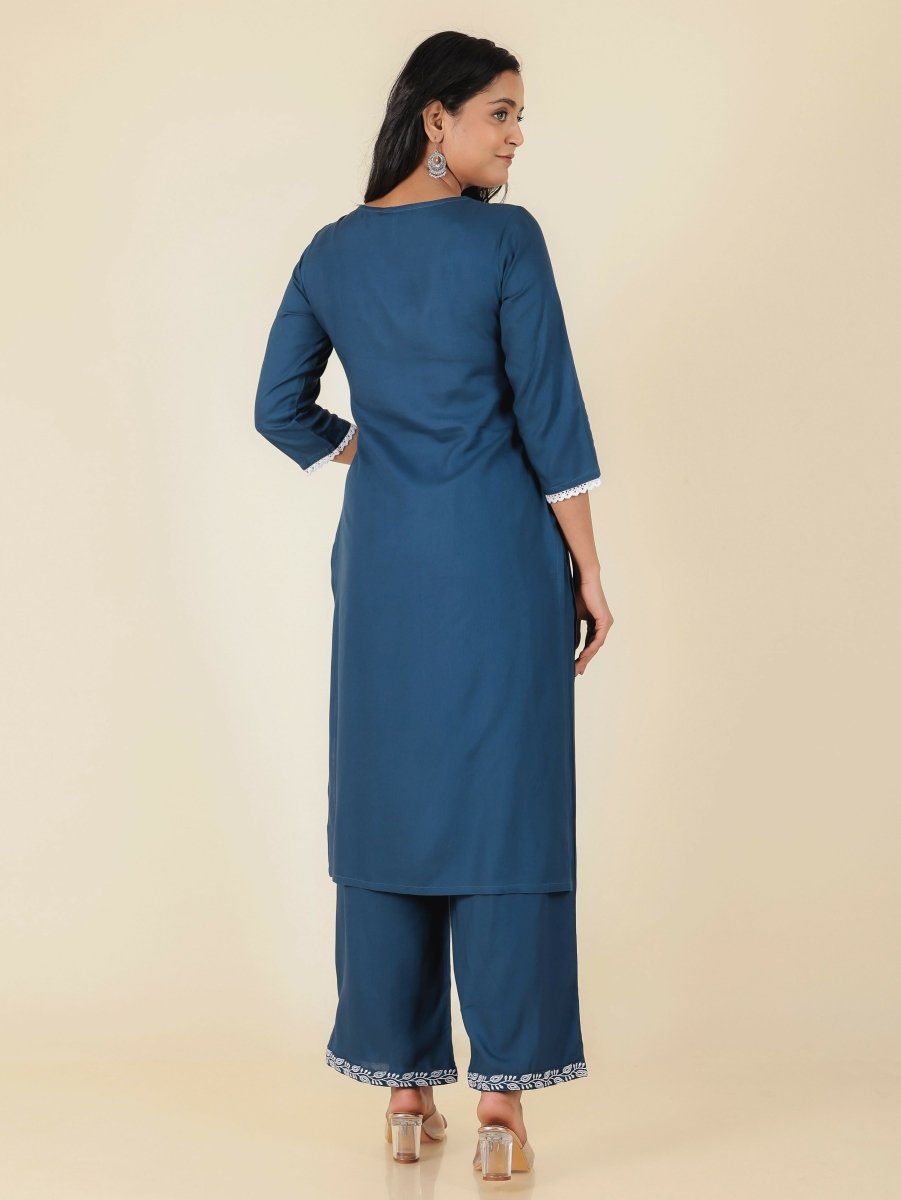 Aramya Blue Rayon Solid Print Straight Kurta Palazzo Set for Women