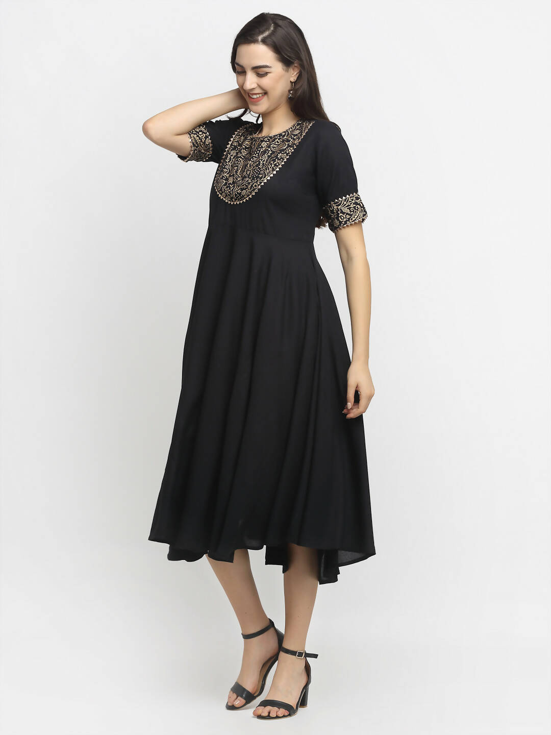 Rudra Bazaar Black Block Printed Flared Ethnic Kurta
