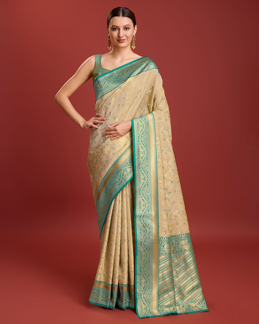 Monjolika Fashion Glamour And Tradition With This Beige Color Zari Woven Banarasi Tissue Silk Saree