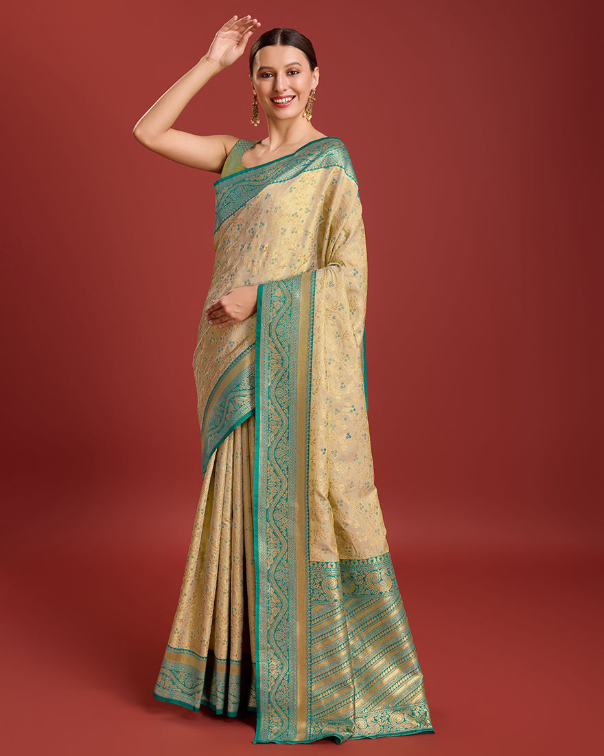 Monjolika Fashion Glamour And Tradition With This Beige Color Zari Woven Banarasi Tissue Silk Saree