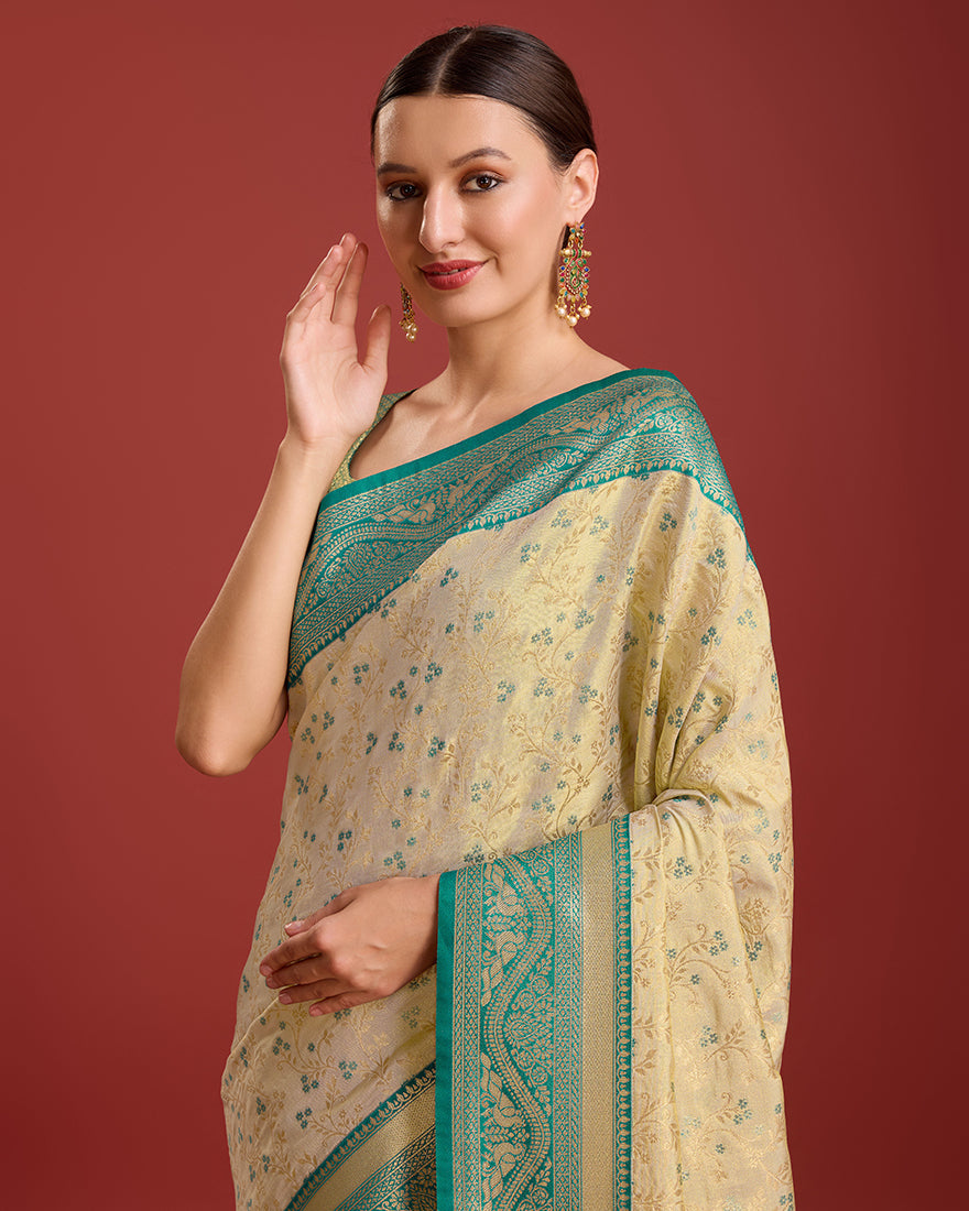 Monjolika Fashion Glamour And Tradition With This Beige Color Zari Woven Banarasi Tissue Silk Saree
