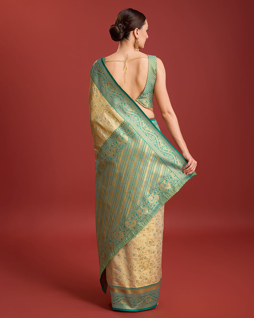 Monjolika Fashion Glamour And Tradition With This Beige Color Zari Woven Banarasi Tissue Silk Saree