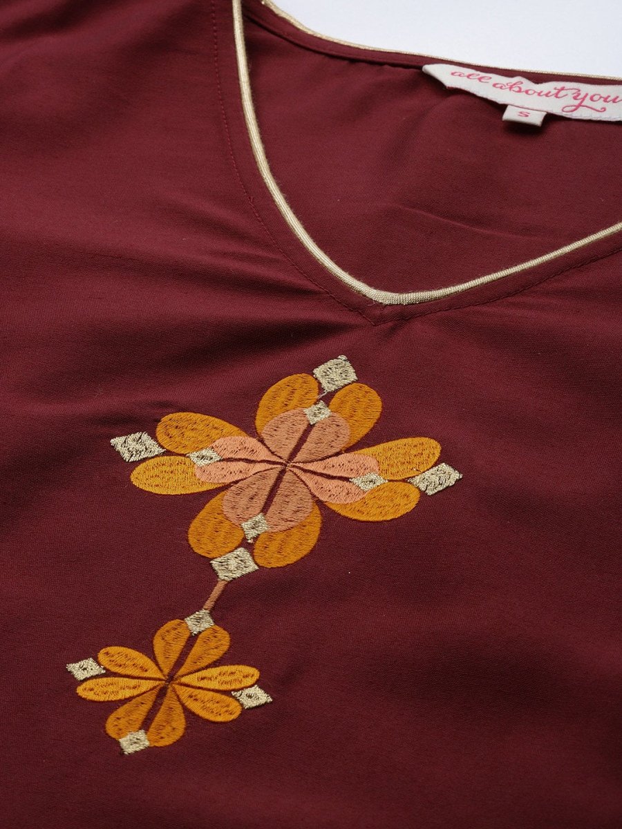 All About You Women Maroon Floral Yoke Design Regular Kurta with Trousers