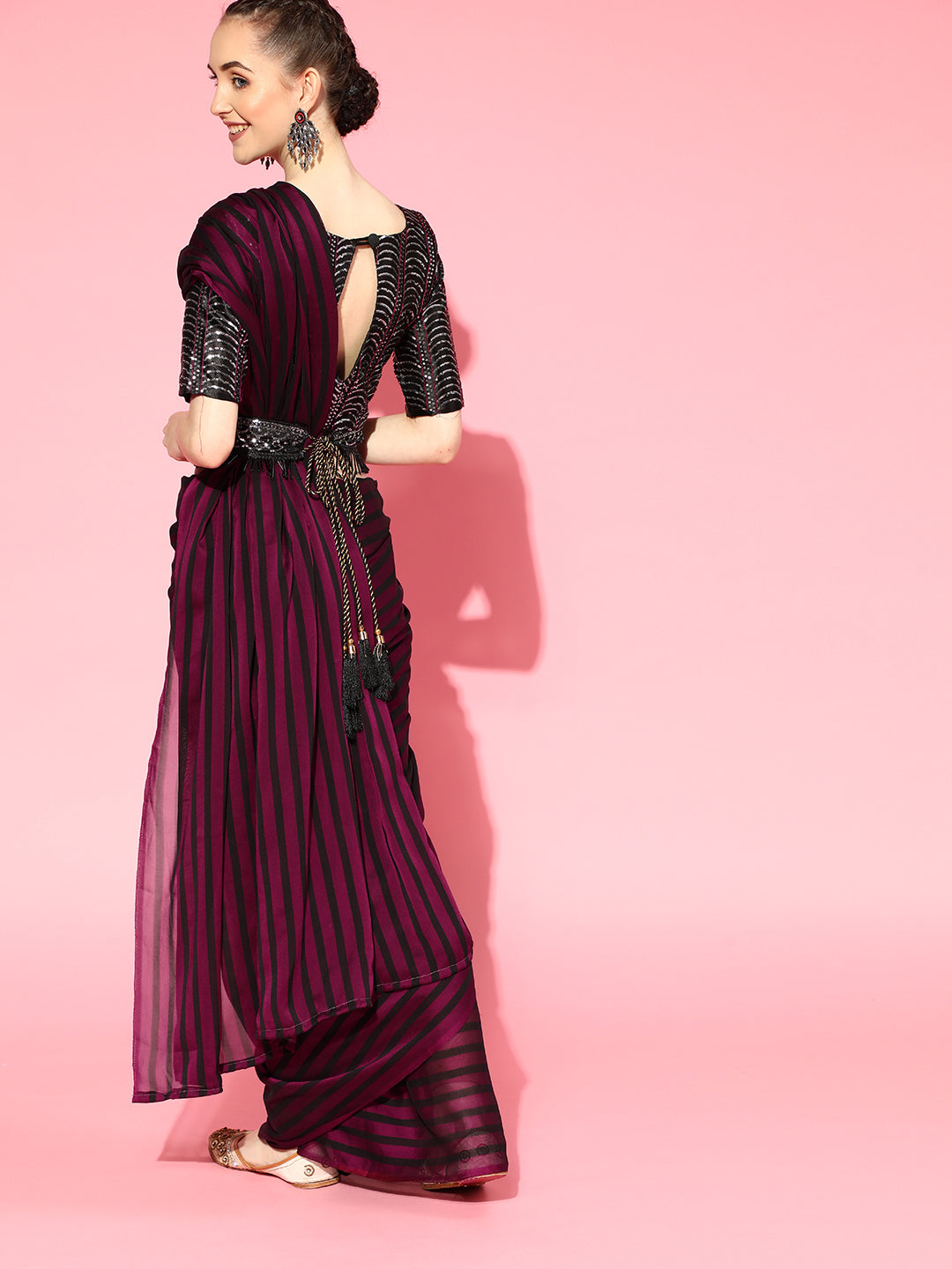 Saree Mall Burgundy Striped Poly Georgette Party Wear Saree with Matching Blouse
