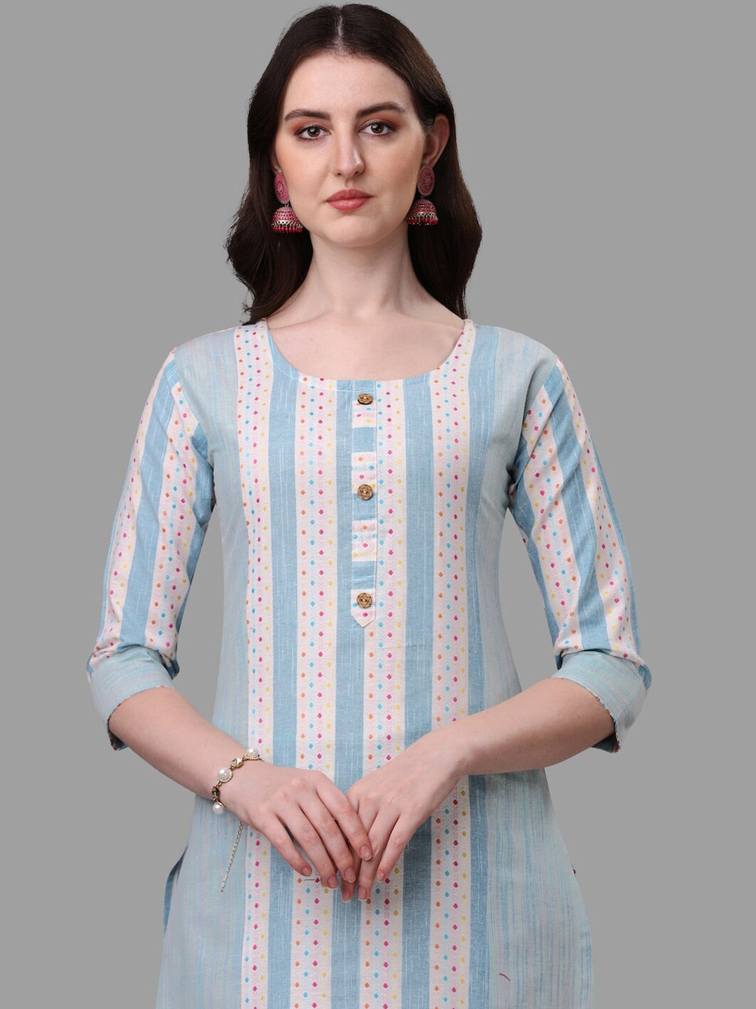 HERE&NOW Turquoise Blue Striped Regular Pure Cotton Kurta with Trousers & With Dupatta