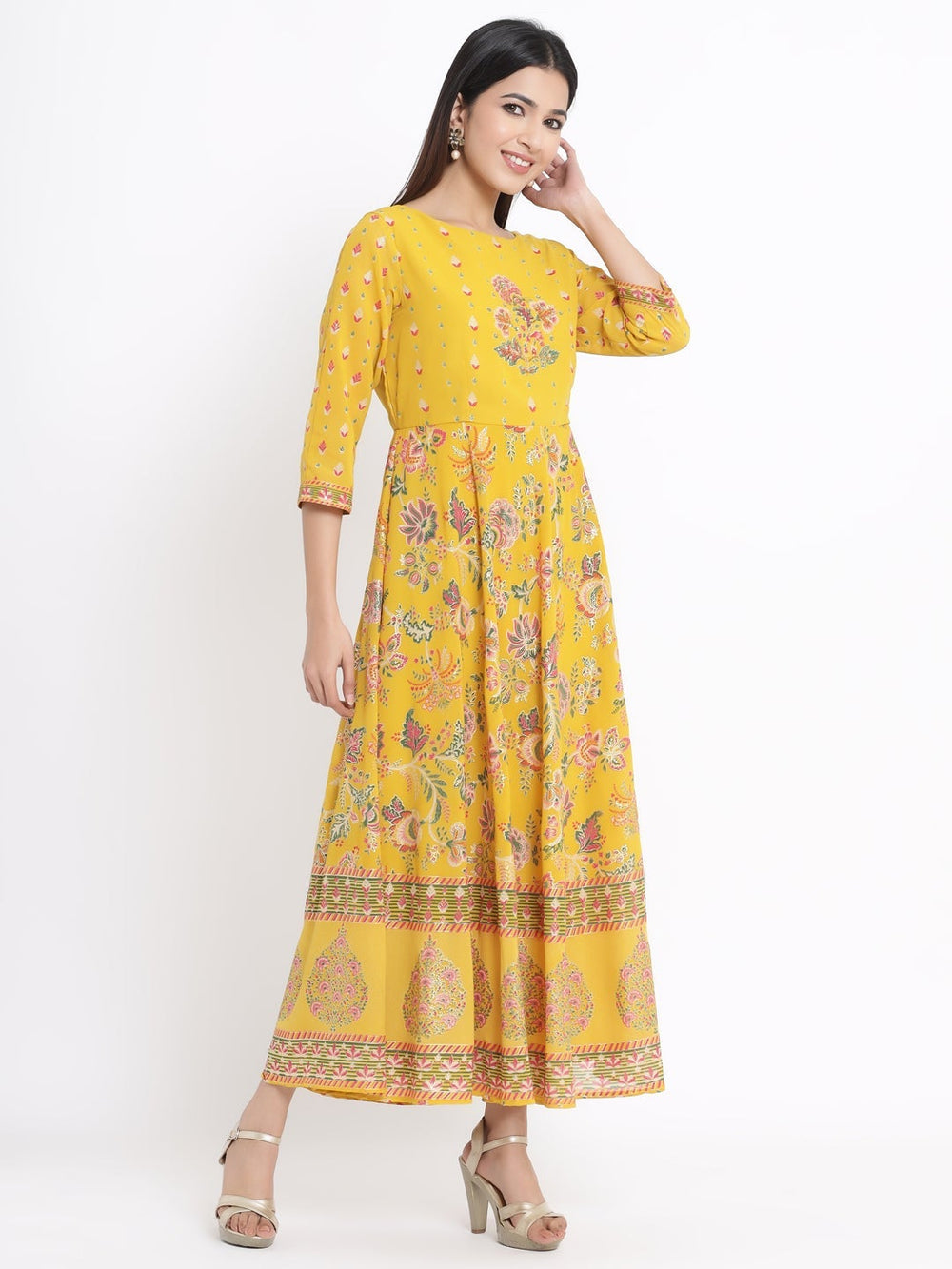 Juniper Women's Mustard Georgette Printed Flared Dress