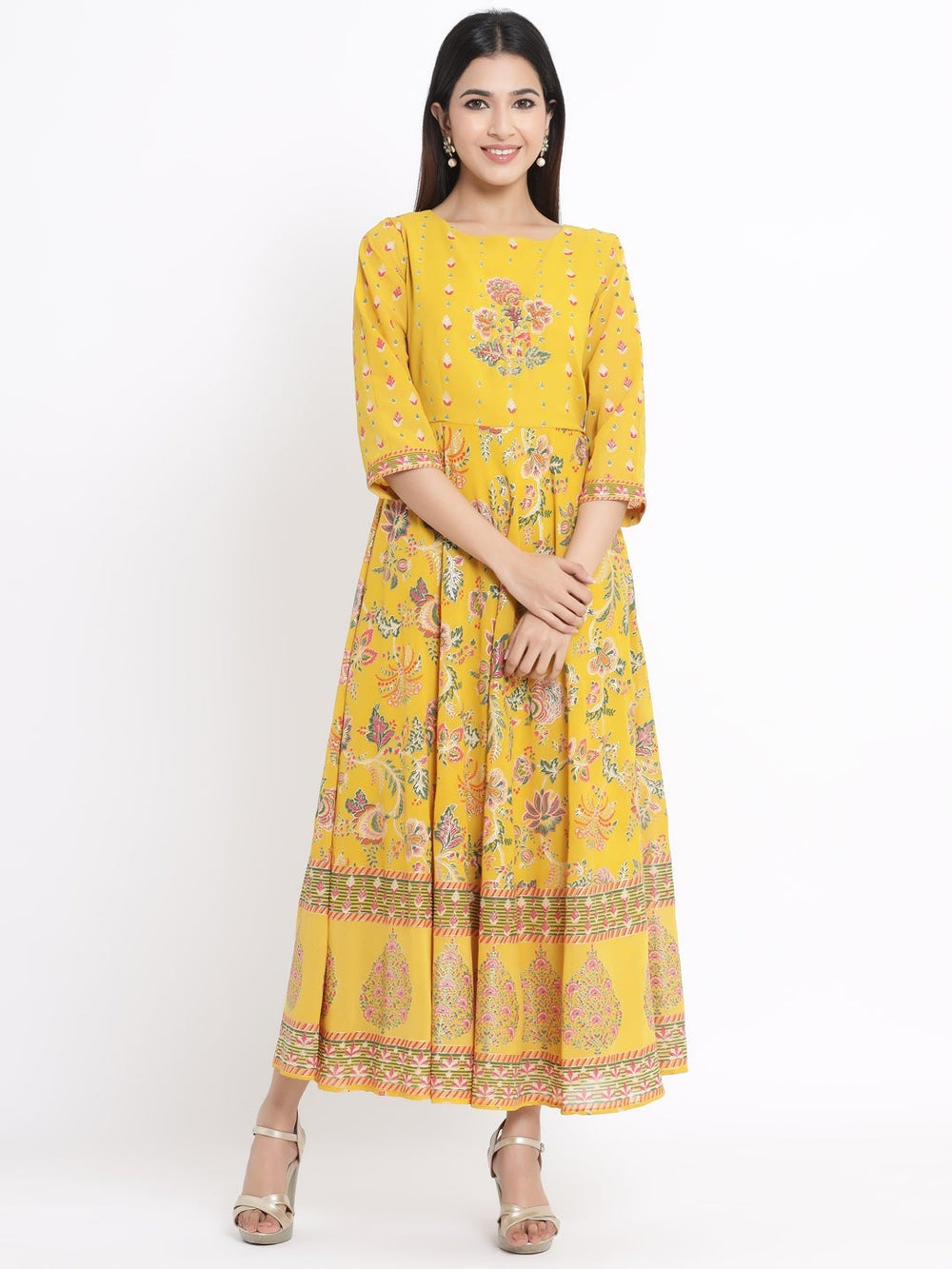 Juniper Women's Mustard Georgette Printed Flared Dress