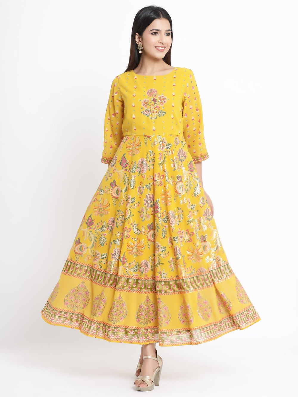 Juniper Women's Mustard Georgette Printed Flared Dress