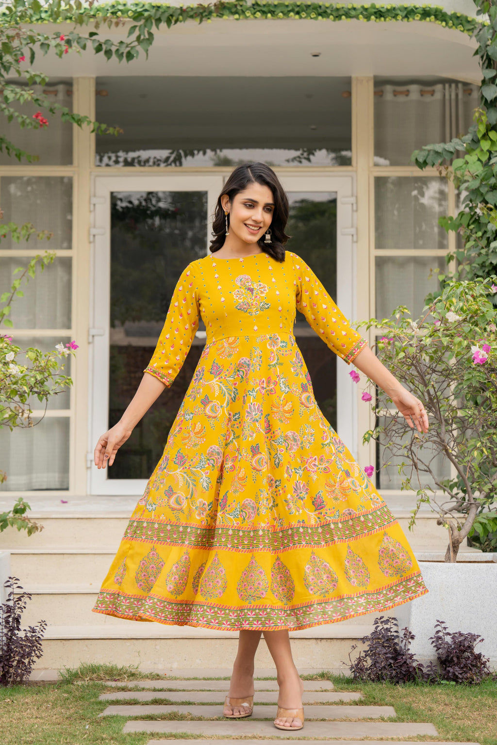 Juniper Women's Mustard Floral Printed Georgette Dress With Sequins