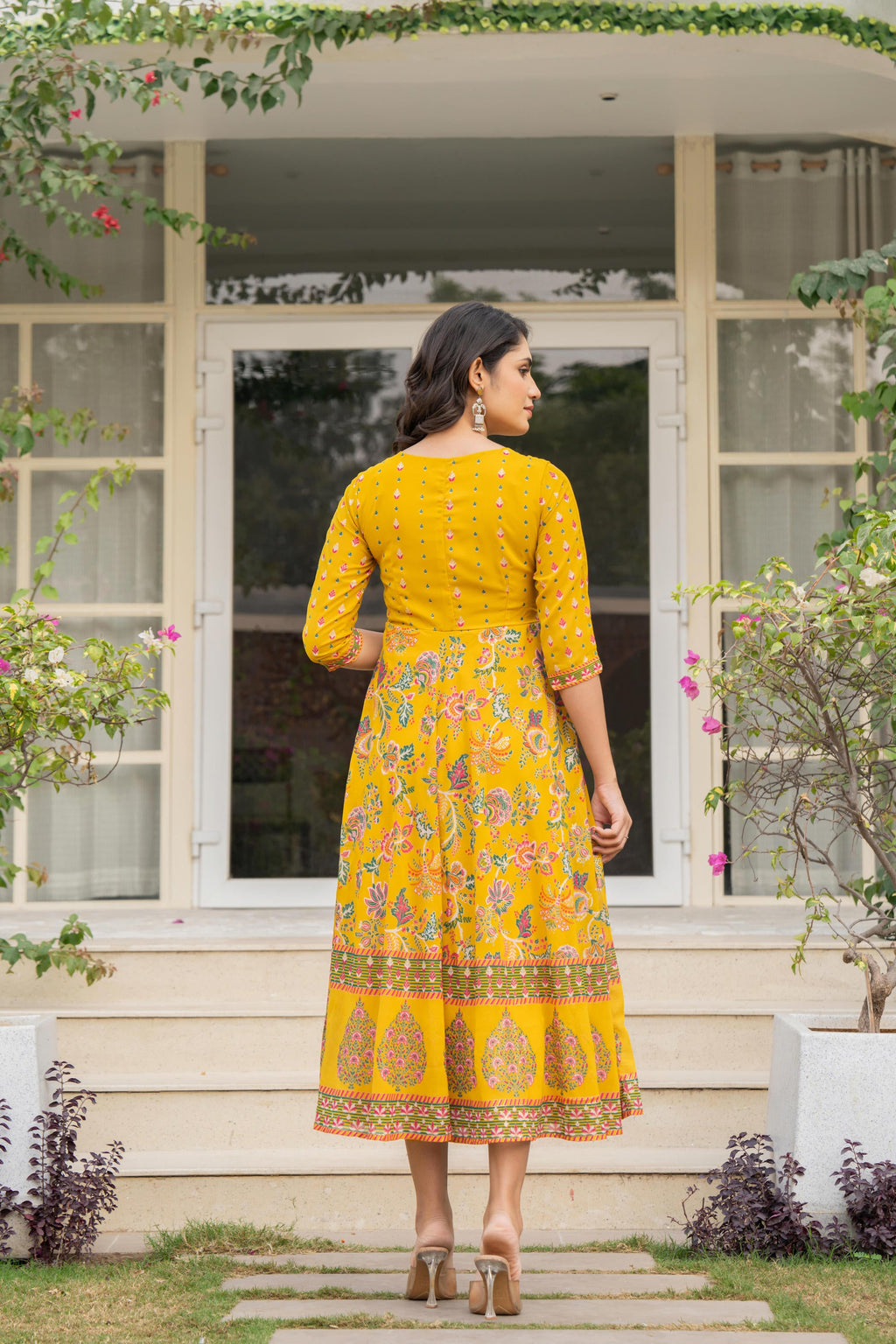 Juniper Women's Mustard Floral Printed Georgette Dress With Sequins