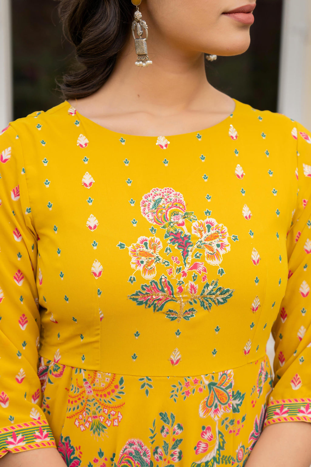 Juniper Women's Mustard Floral Printed Georgette Dress With Sequins