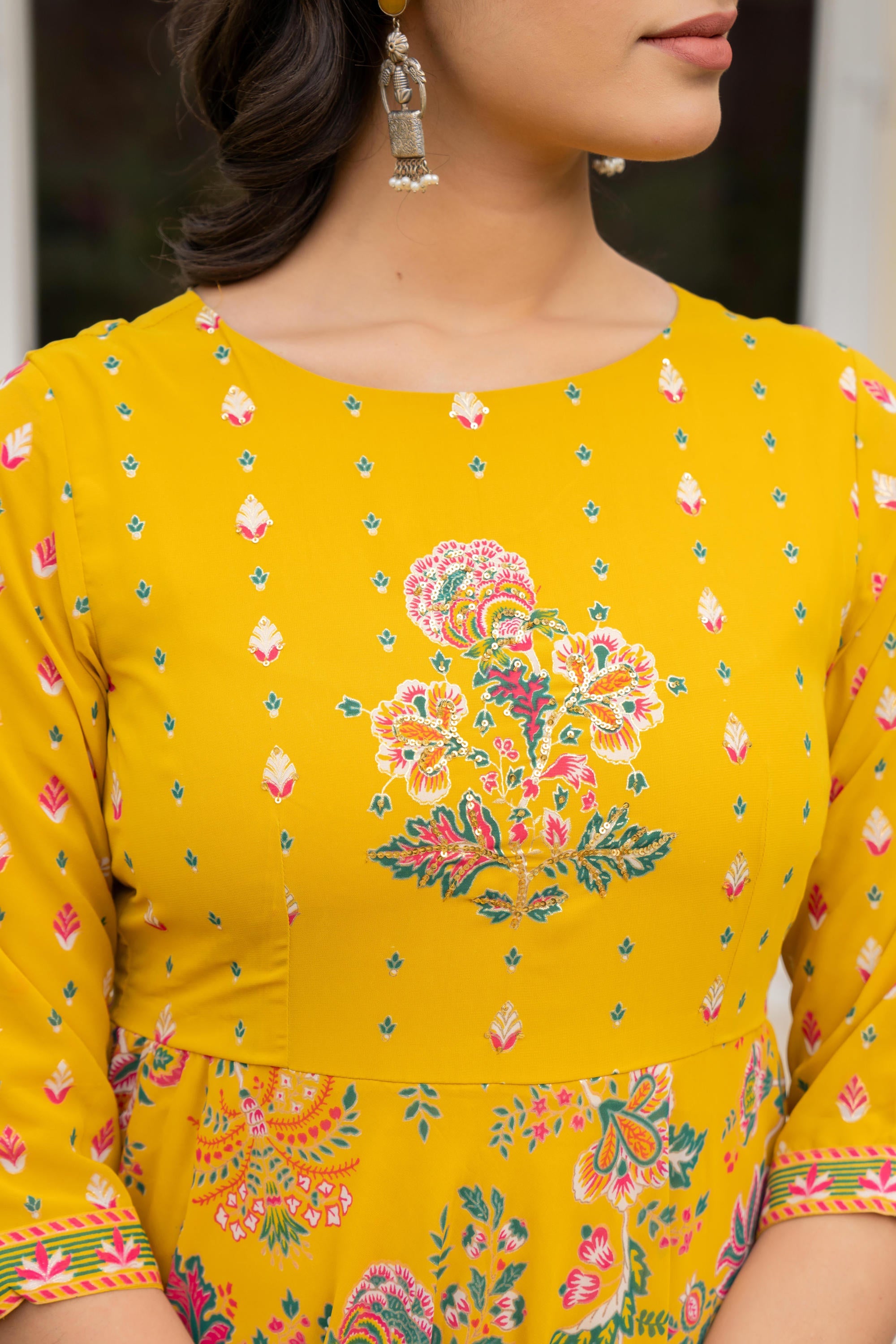 Juniper Women's Mustard Floral Printed Georgette Dress With Sequins