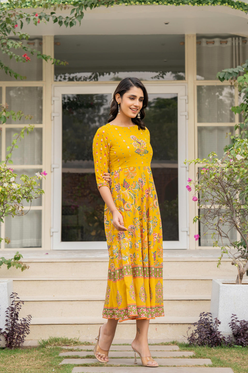 Juniper Women's Mustard Floral Printed Georgette Dress With Sequins