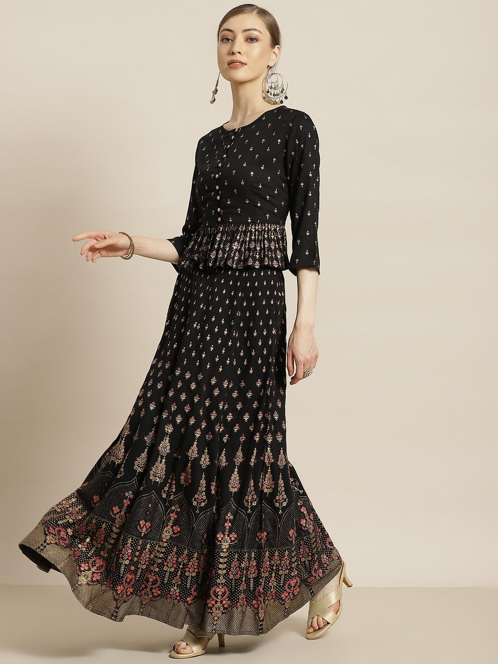 Juniper Women's Black Rayon Printed Flared Lehenga Choli Sets