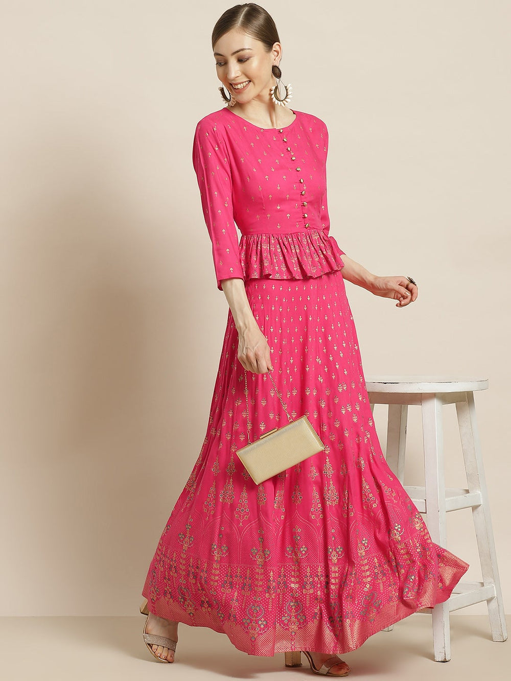 Juniper Women's Fuchsia Rayon Printed Flared Lehenga Choli Sets