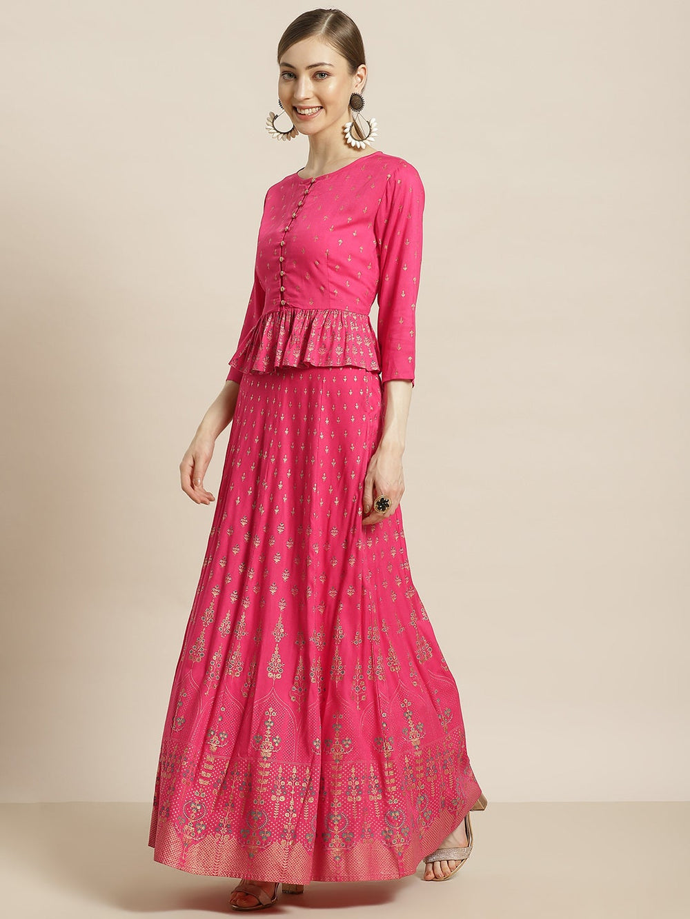 Juniper Women's Fuchsia Rayon Printed Flared Lehenga Choli Sets