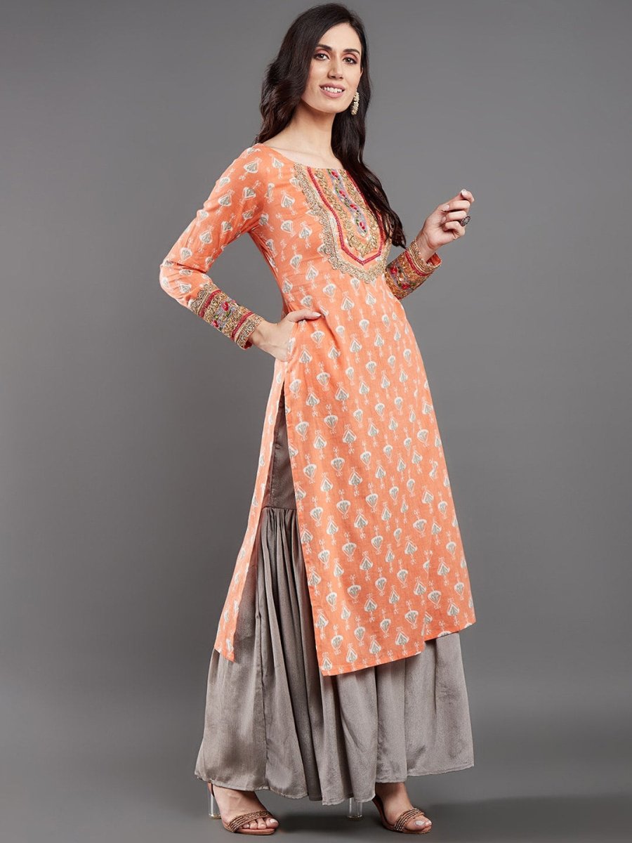 Aks Ethnic Motifs Printed Sequinned Pure Cotton A Line Kurta