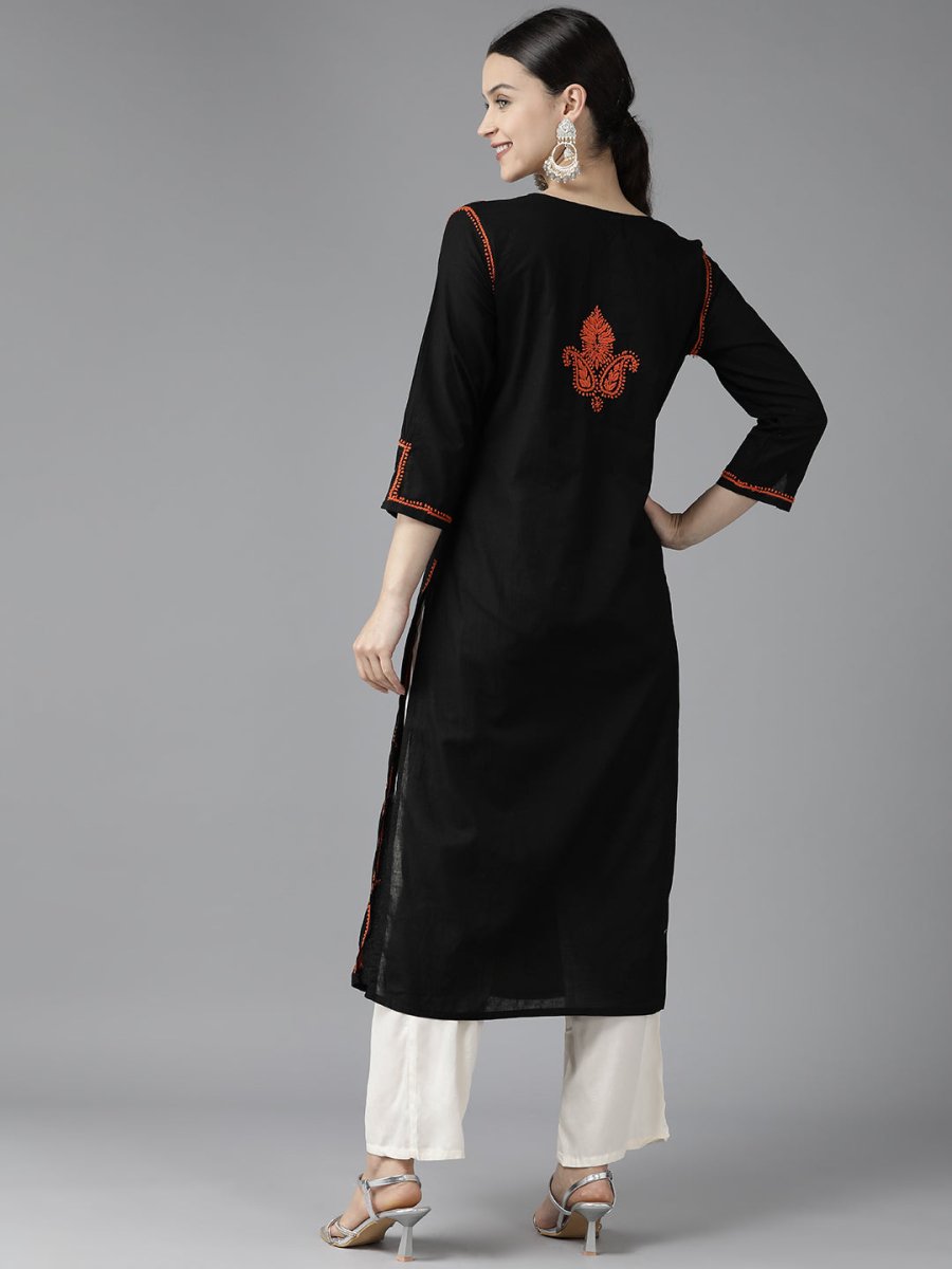 ADA Women Black & Orange Ethnic Motifs Embroidered Chikankari Kurta