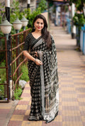 Black Poly Georgette Ajrak Saree with Unstitched Blouse - Hiral Fashion