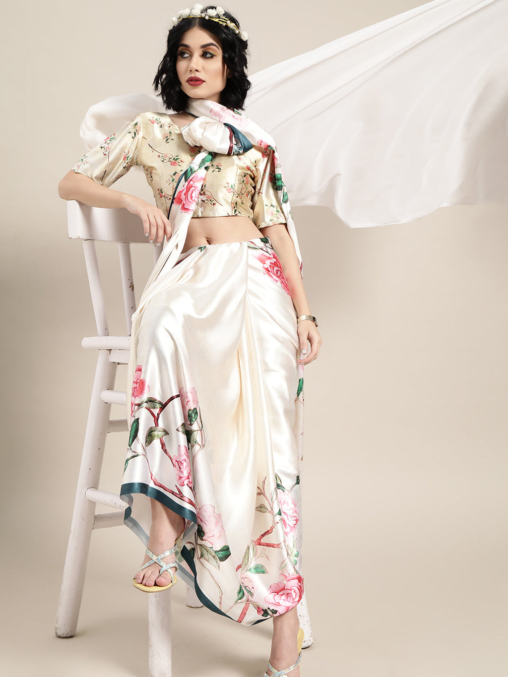 Saree Mall Cream-Coloured & Pink Satin Floral Block Print Saree