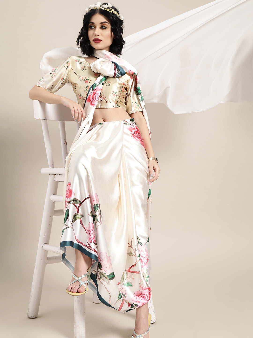 Saree Mall Cream-Coloured & Pink Satin Floral Block Print Saree