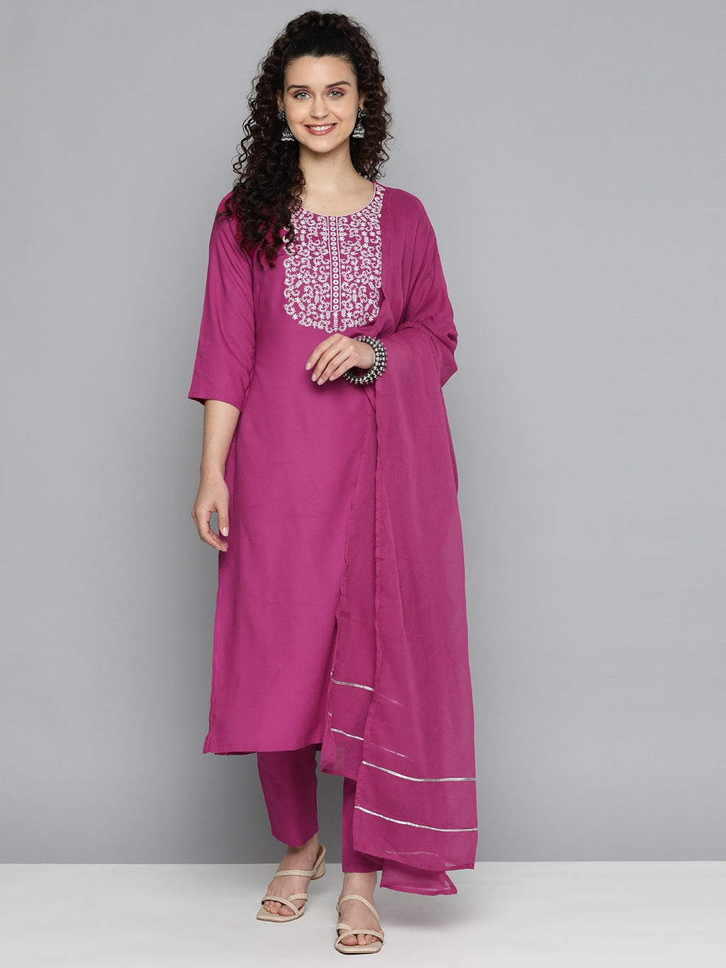 HERE&NOW Ethnic Motifs Embroidered Kurta with Trousers & Dupatta