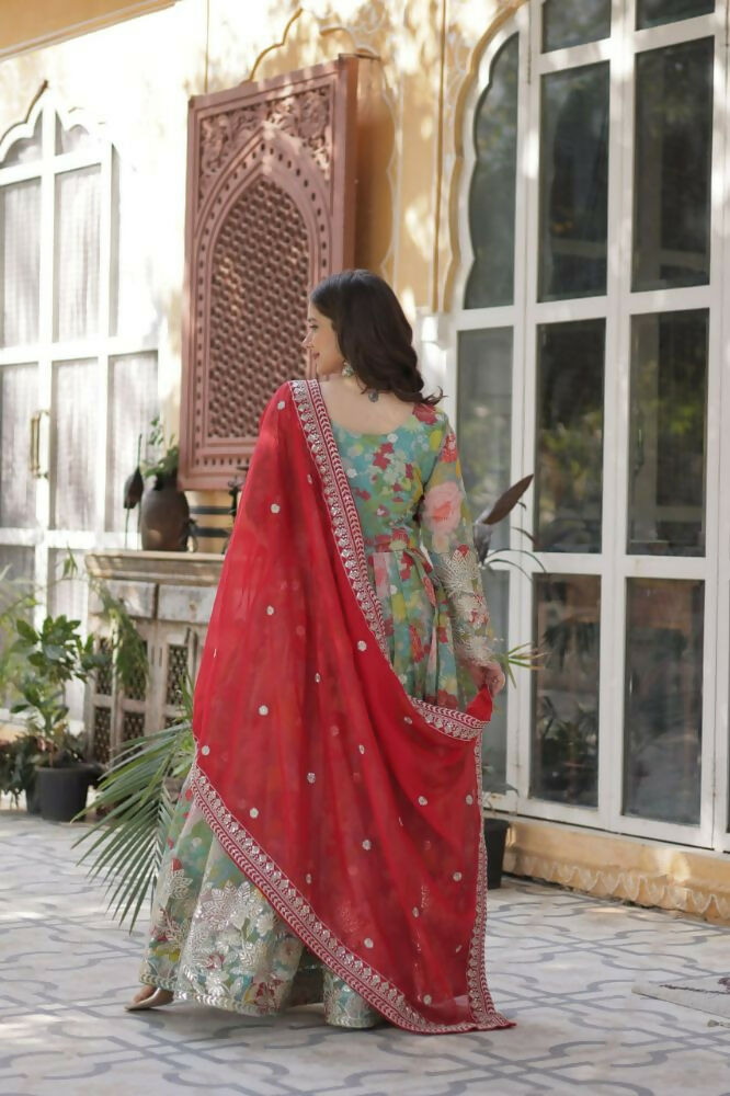 Vastranavya Multicolor Russian Silk Foil Embroidery with Zari Sequins & Digital Printed Gown Dupatta