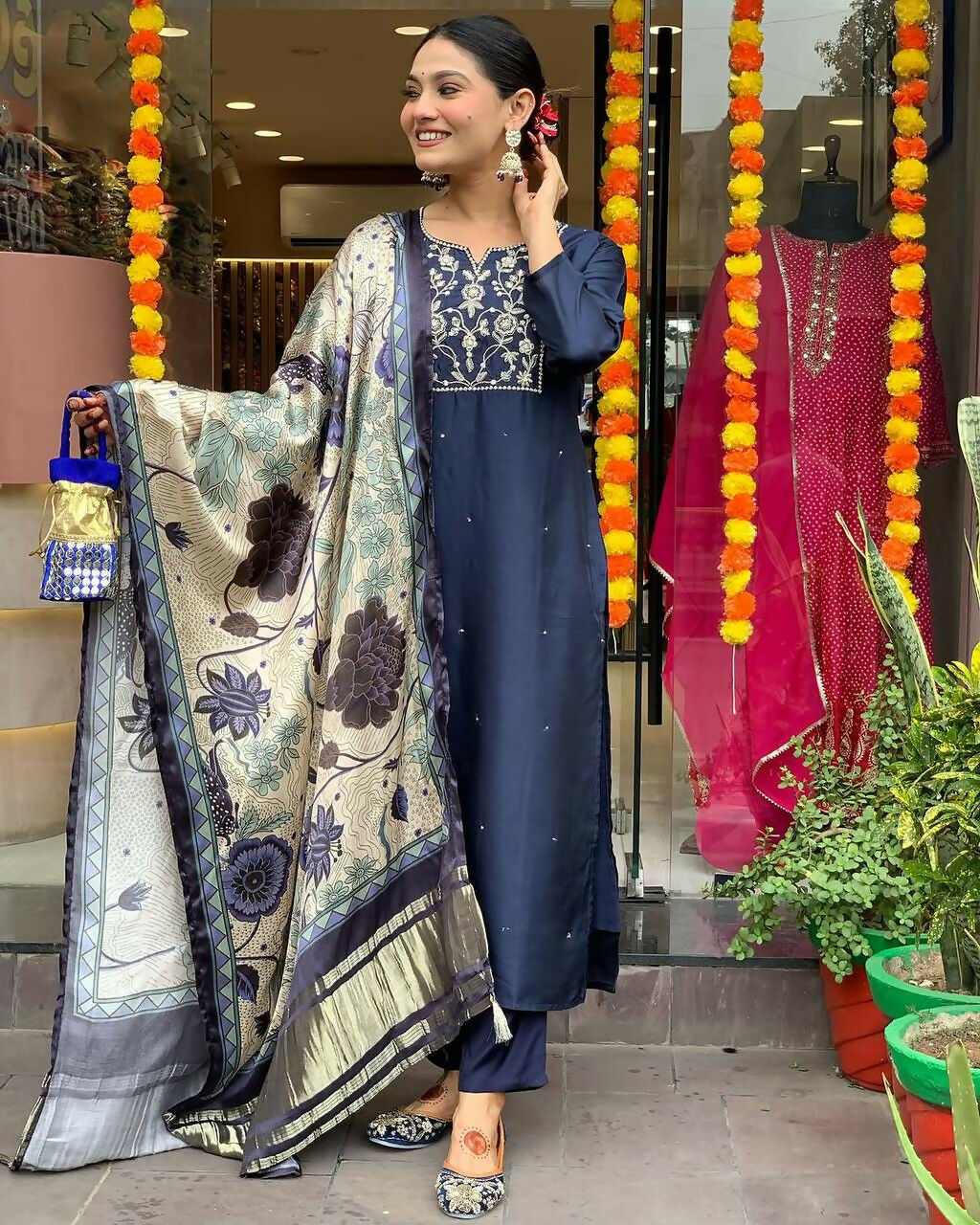 The52 Navy Blue Women's Beautiful Viscose Chanderi Fabric Embroidered Work Straight Kurta Pant and Dupatta Set