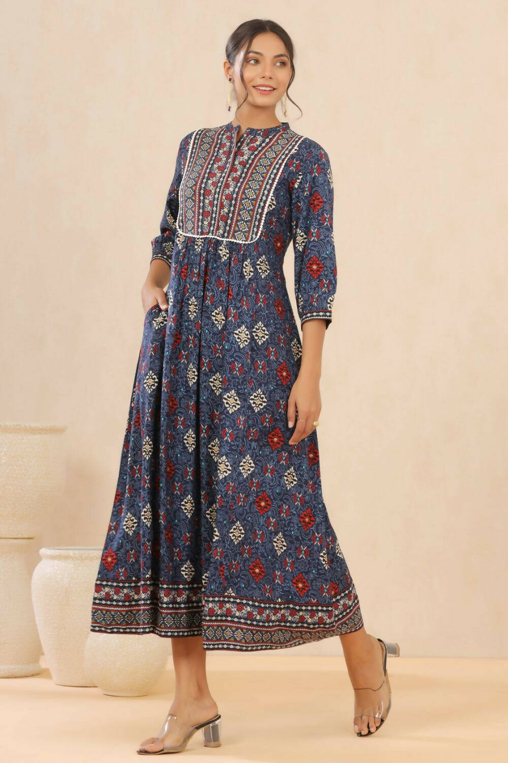 Juniper Womens Indigo Rayon Foil Printed Maxi Dress With Puff Sleeve