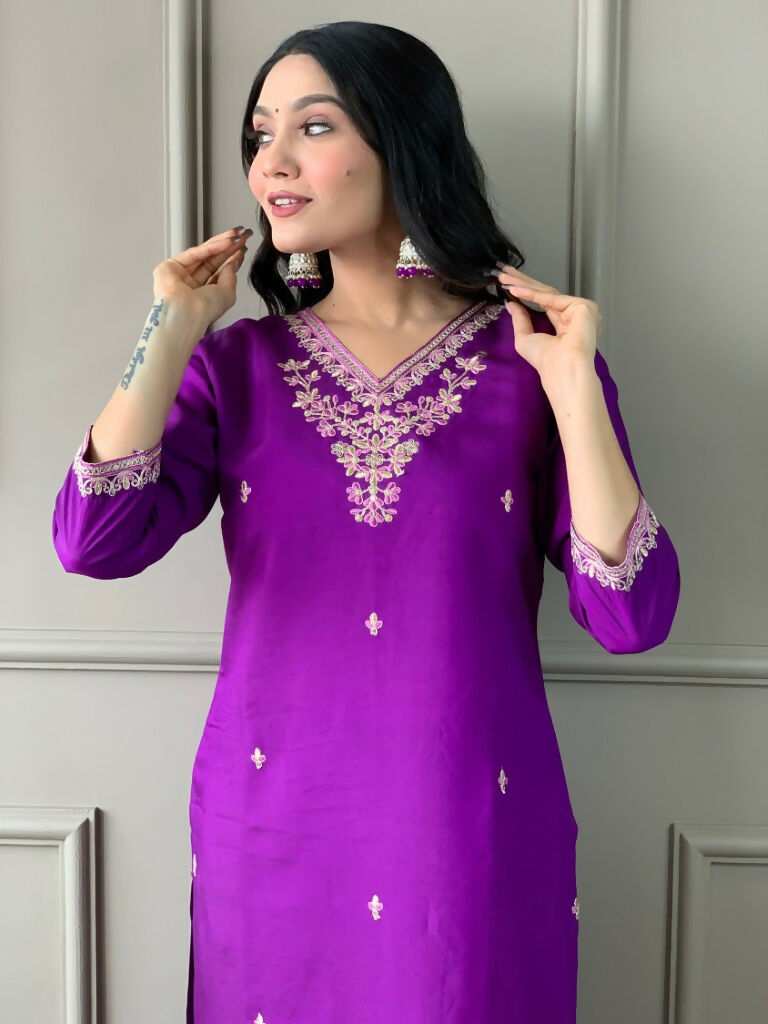 Partywear Designer Viscose Chanderi Wine Stitched Suit With Dupatta - Tanisha