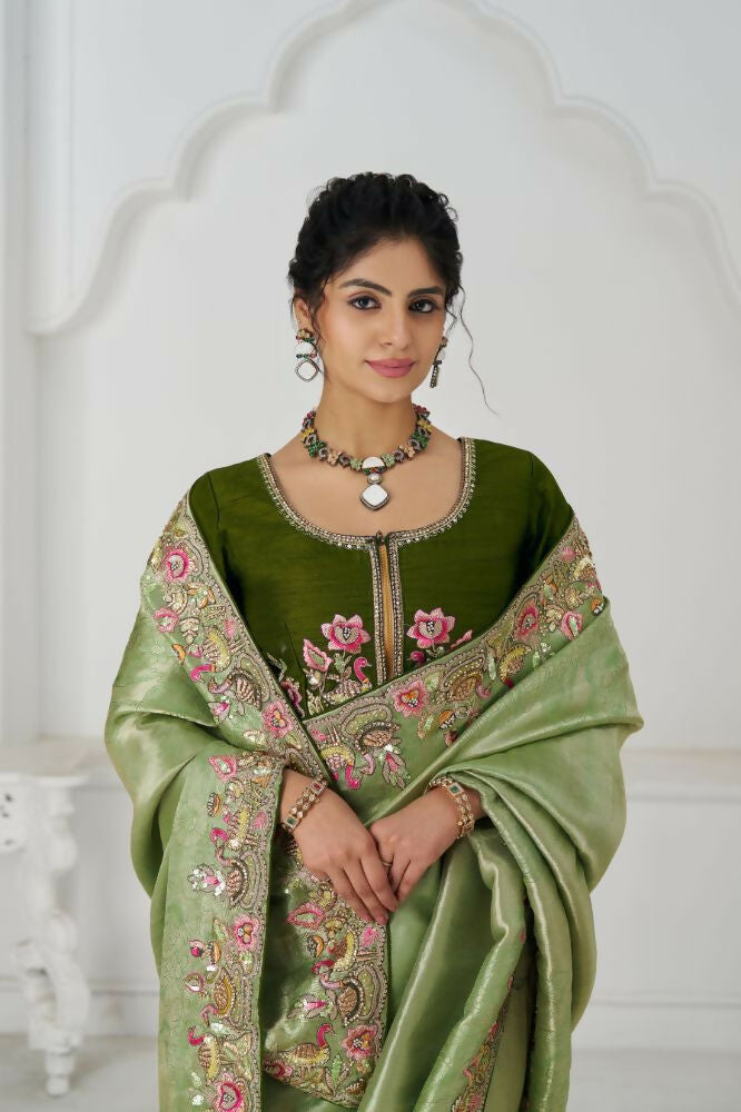Kesar Fab Mehendi Color With Multi-Thread And Sequins Embroidery For Wedding Saree