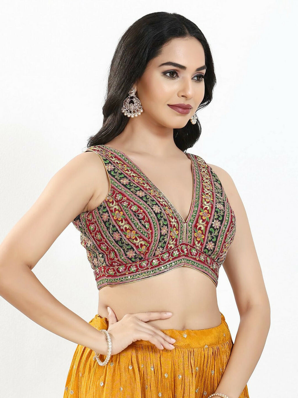 Joban Fashion Maroon Multi Georgette Padded Blouse With V Neck Sleeveless