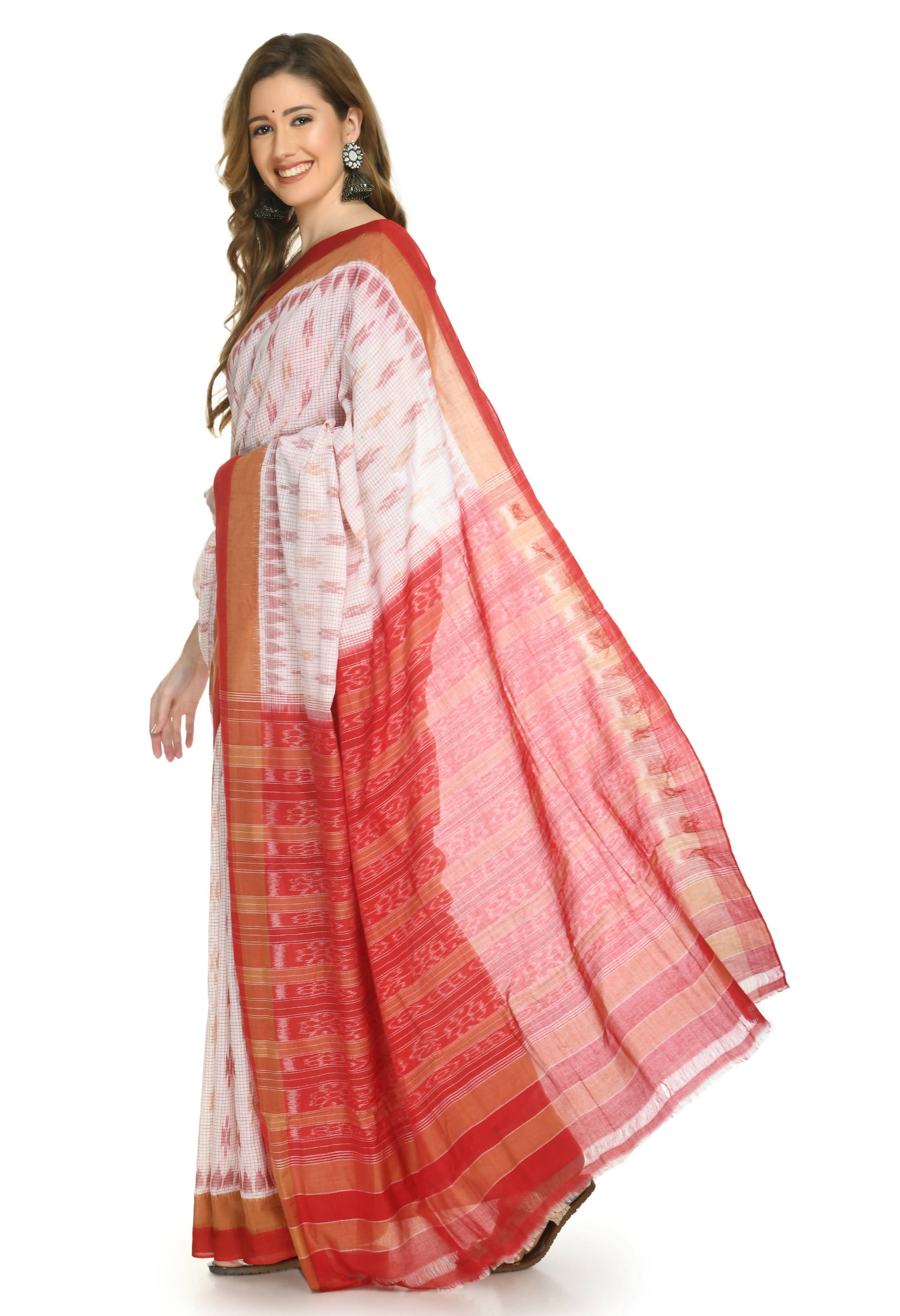 Vamika Sambalpuri Ikat Cotton Dehabandha Badafula White & Light Red Saree