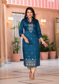 Juniper Women's Teal Ethnic Motif Printed Cotton Kurta & Pant Set
