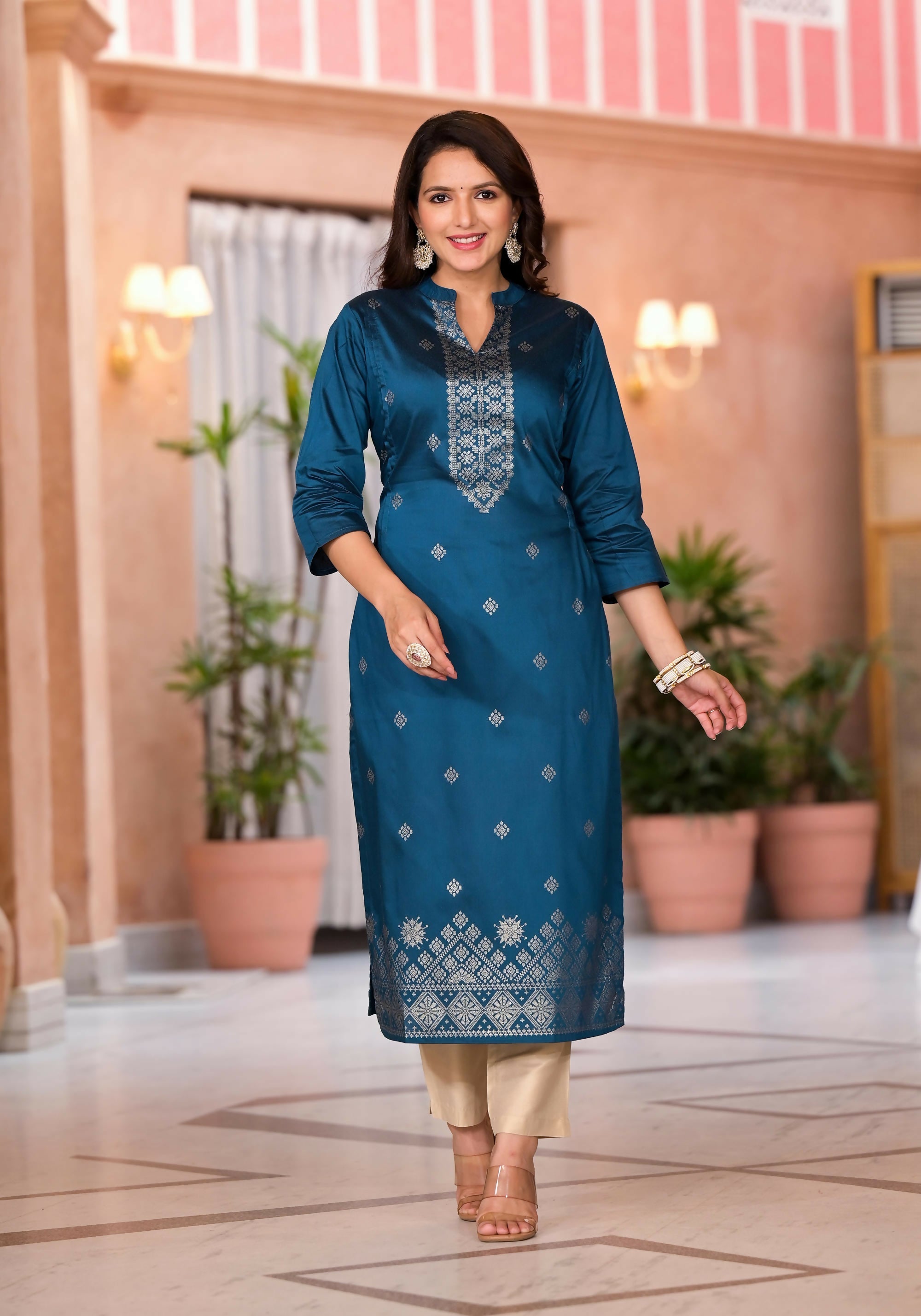Juniper Women's Teal Ethnic Motif Printed Cotton Kurta & Pant Set