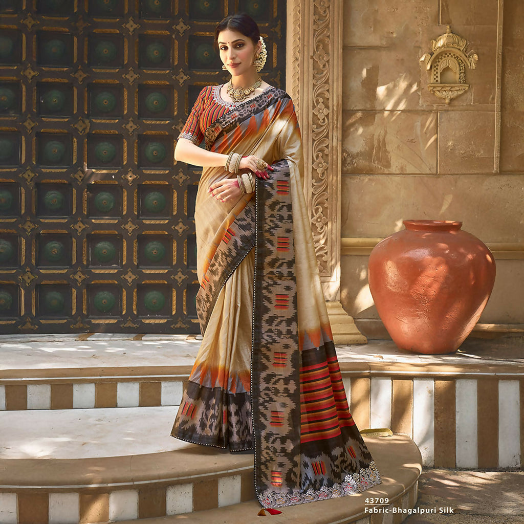 Beige Bhagalpuri Silk Pure Gota Work Saree With Unstitched Blouse - Norita Gajri