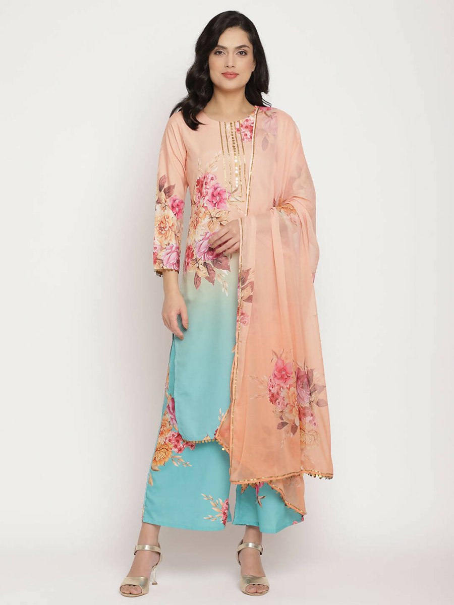 Ahalyaa Women Peach-Coloured Floral Printed Kurta Palazzo Set With Dupatta