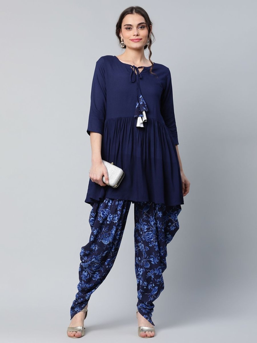 Ahalyaa Women Navy Blue Rayon Floral Empire Kurti with Dhoti Pants