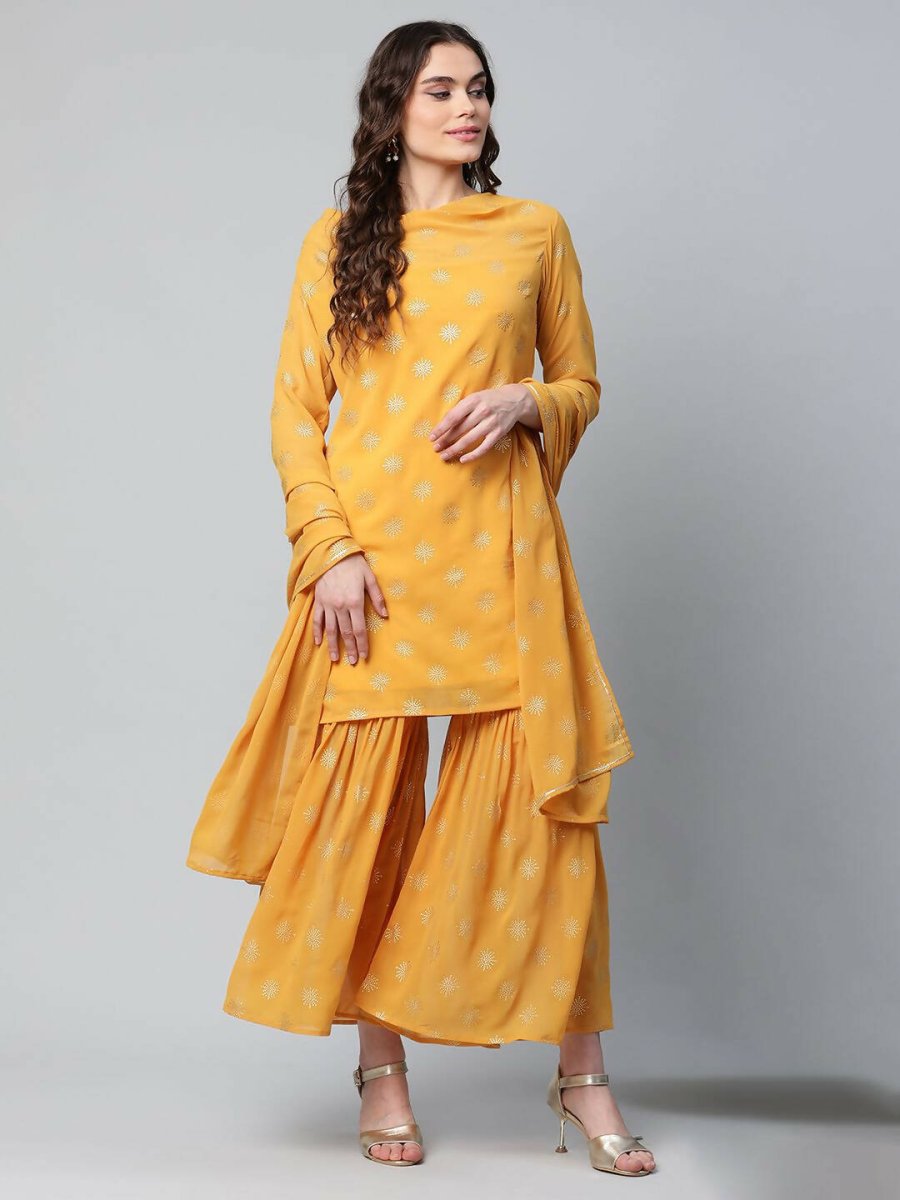 Ahalyaa Womens Mustard Georgette Gold Foil Printed Kurta Sharara Set With Dupatta